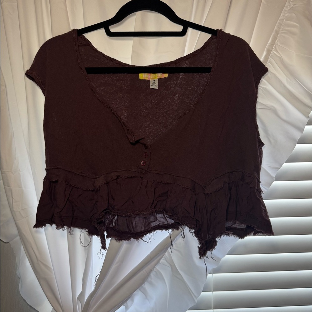 Urban Outfitters Dark Brown Frayed Hem Blouse